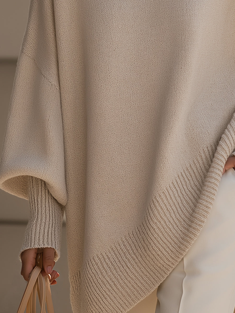 Women's Oversized Knit Sweater Batwing Sleeve Crew Neck Asymmetric Hem Casual