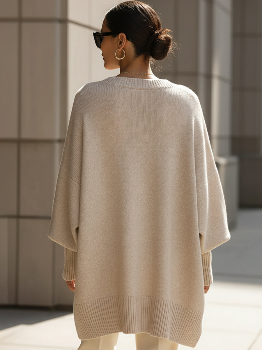 Women's Oversized Knit Sweater Batwing Sleeve Crew Neck Asymmetric Hem Casual
