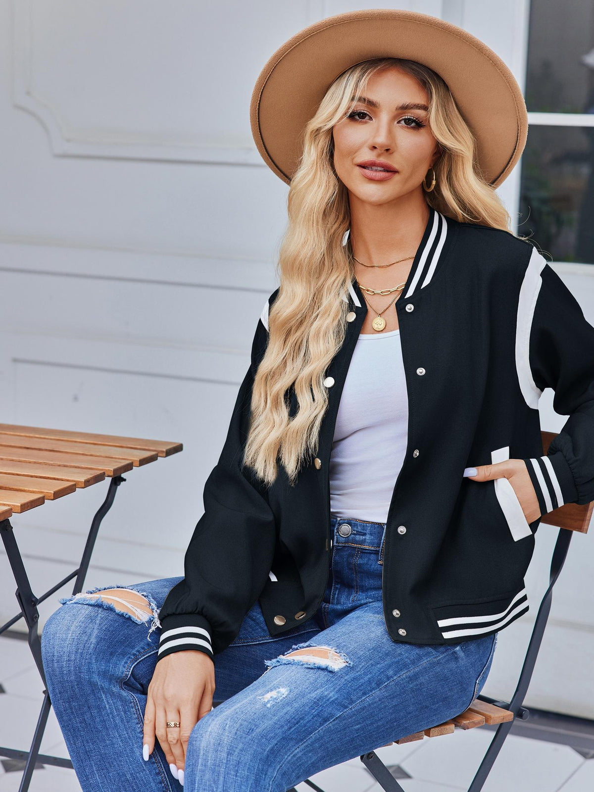 Women's Bomber Jacket Contrast Stripe Varsity Stand Collar Snap Button Casual Wear