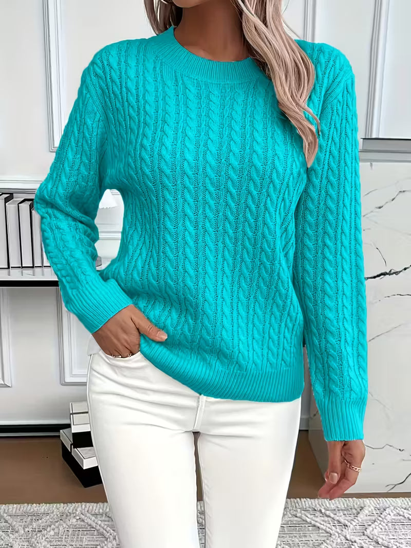 Women's Cable Knit Sweater Crew Neck Long Sleeve Pullover Casual