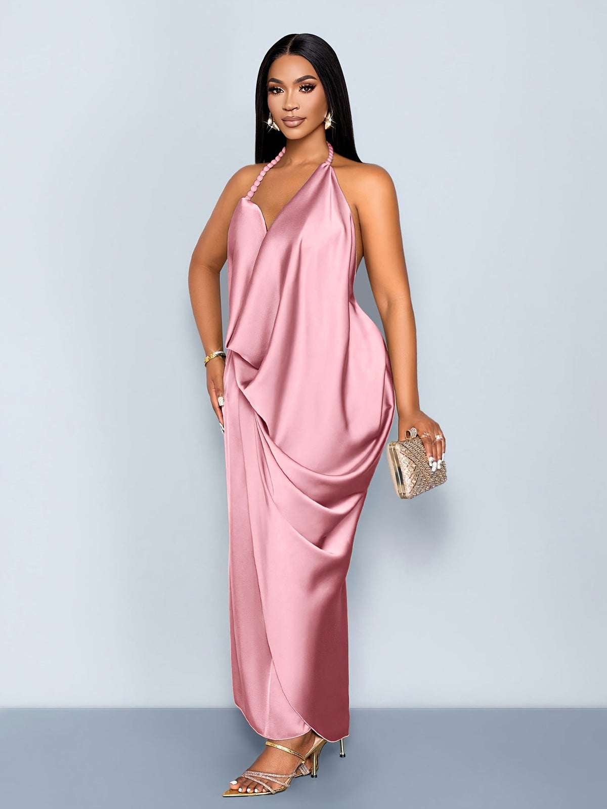 Women's Satin Halter Neck Maxi Dress V-Neck Open Back Draped Slim Fit Evening Gown