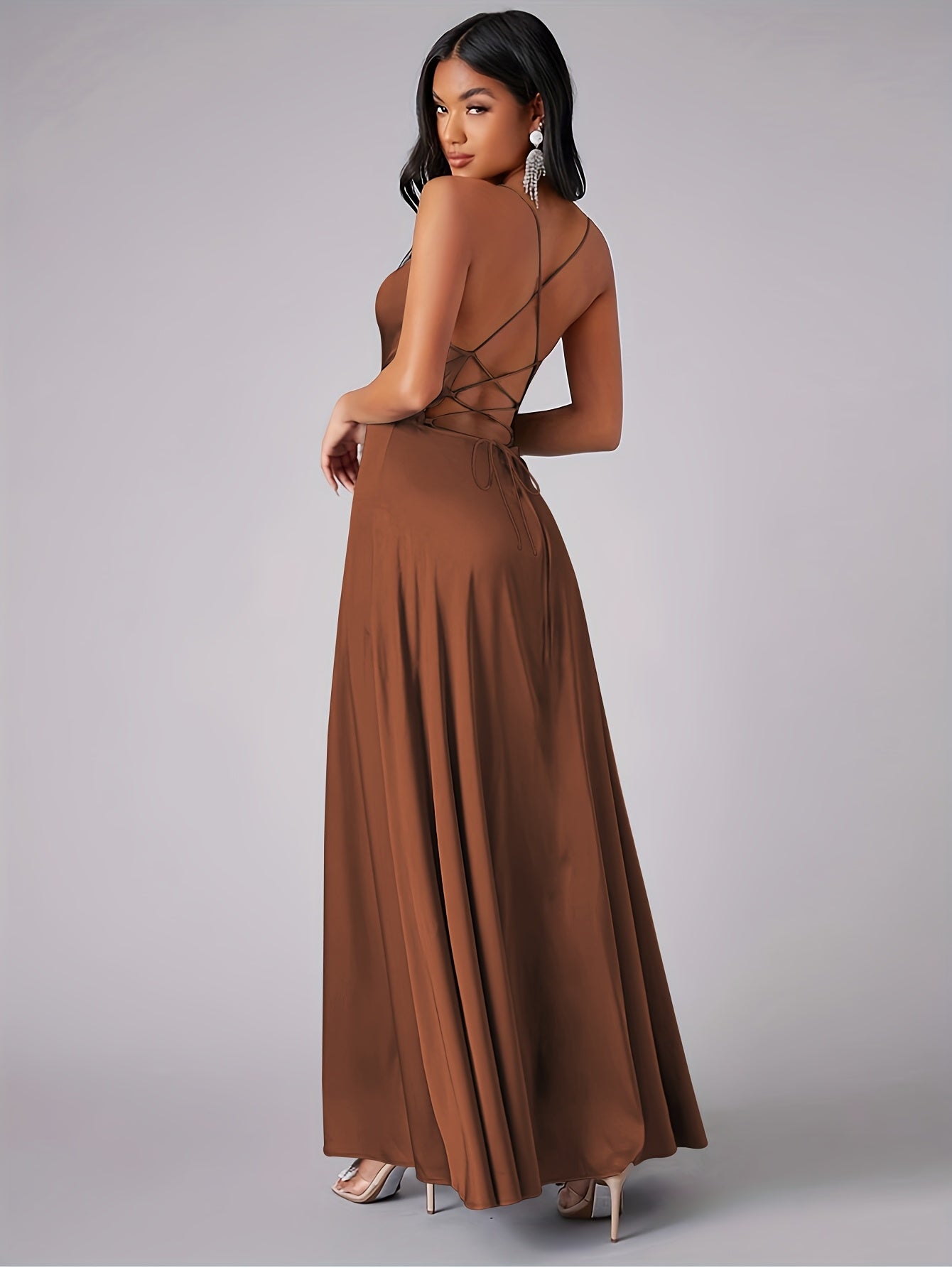 Women's Backless Maxi Dress Cowl Neck Spaghetti Strap Side Split Lace-Up Party Evening Gown