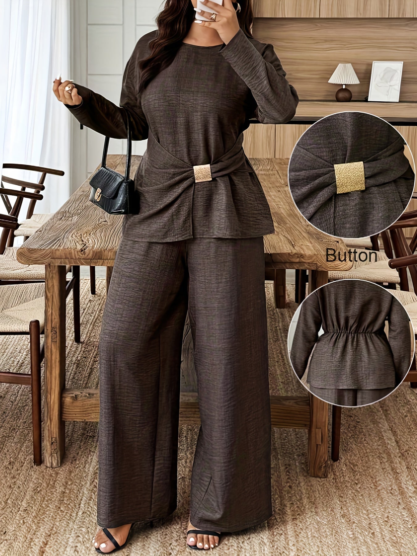 Women's Plus Size 2-Piece Set Waist-Cinching Top Round Neck Long Sleeve Wide-Leg Pants Casual