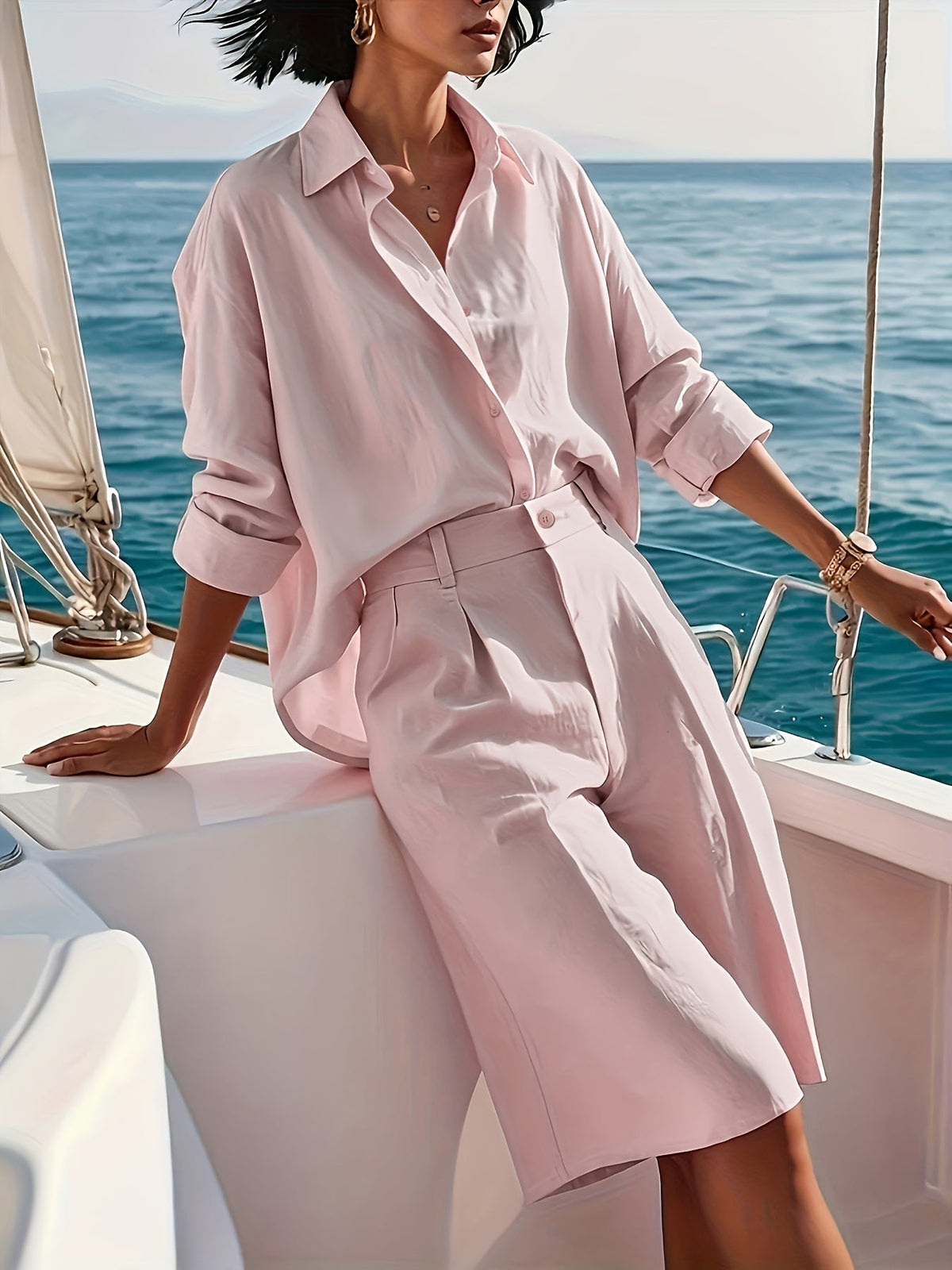 Women's Casual Set Solid Color Button-Up Shirt Long Sleeve Collared Bermuda Shorts