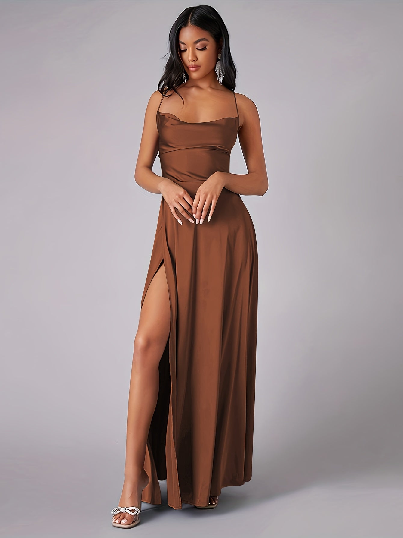 Women's Backless Maxi Dress Cowl Neck Spaghetti Strap Side Split Lace-Up Party Evening Gown