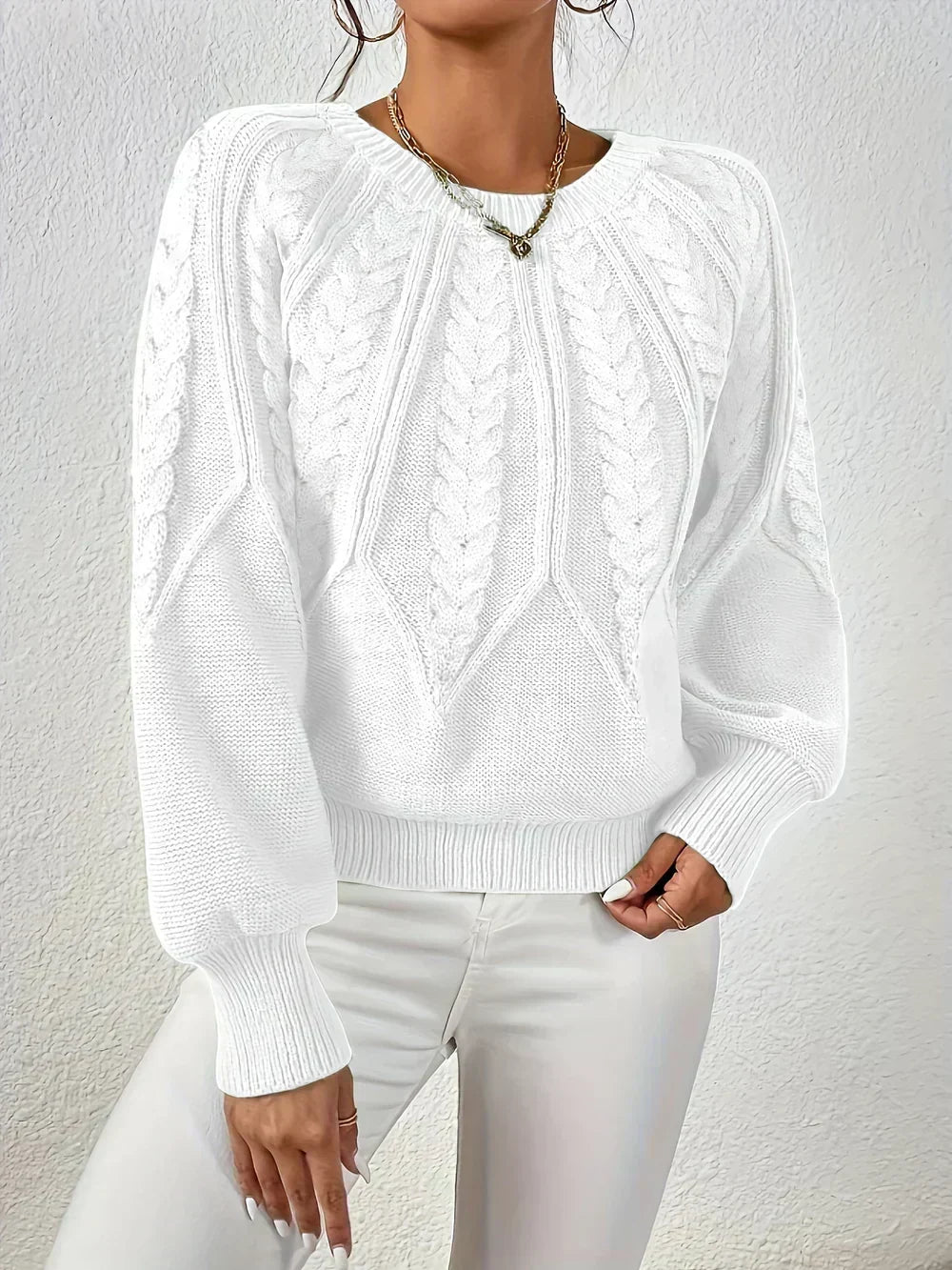 Women's Cable Knit Sweater Round Neck Long Sleeve Raglan Pullover Casual