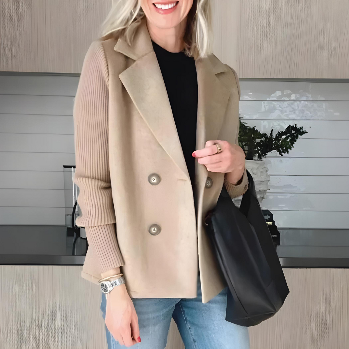 Women's Double Breasted Coat Notch Lapel Ribbed Sleeve Casual Winter Jacket