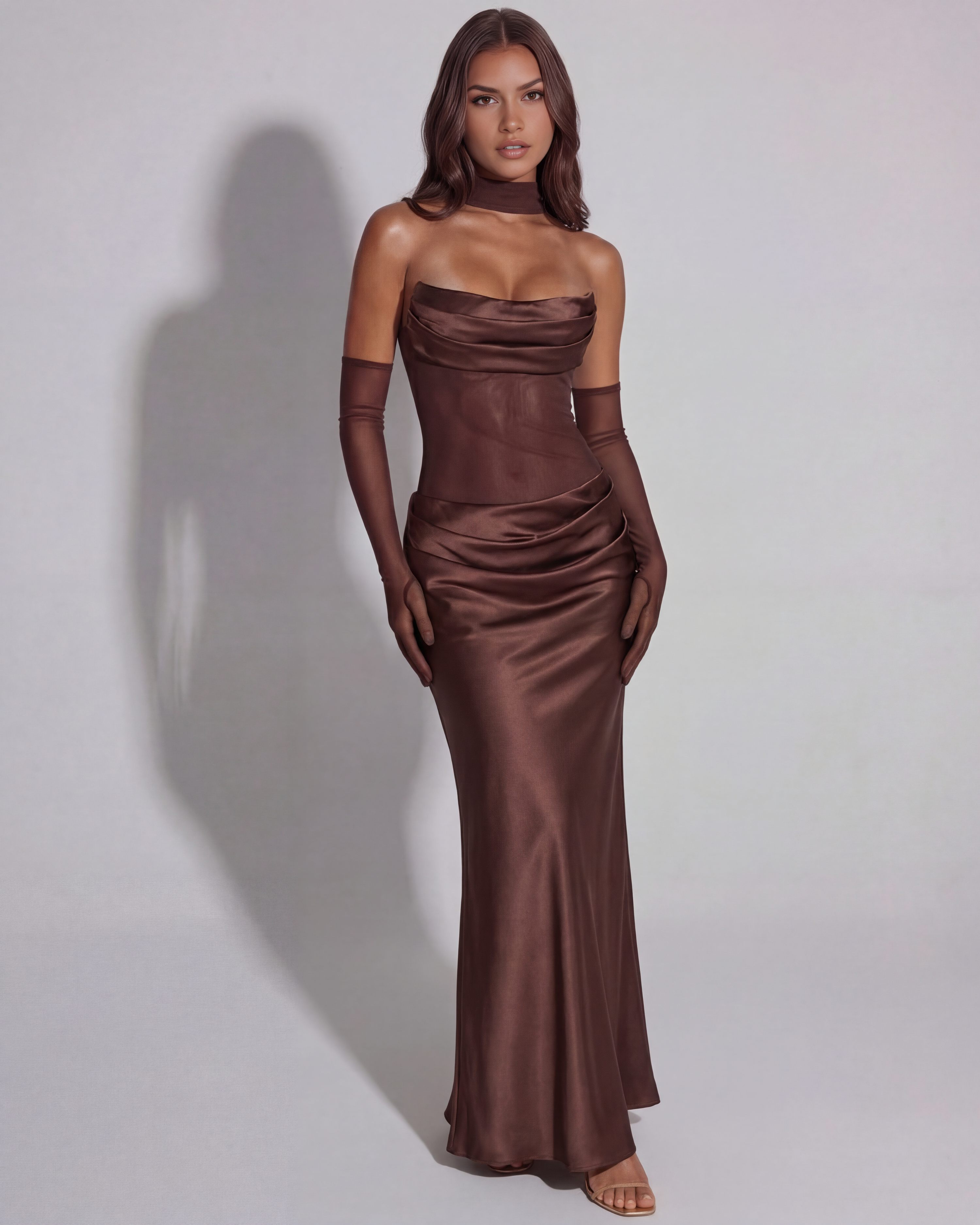 Women's Cowl Neck Satin Maxi Dress Strapless Corset Gloves Evening Gown