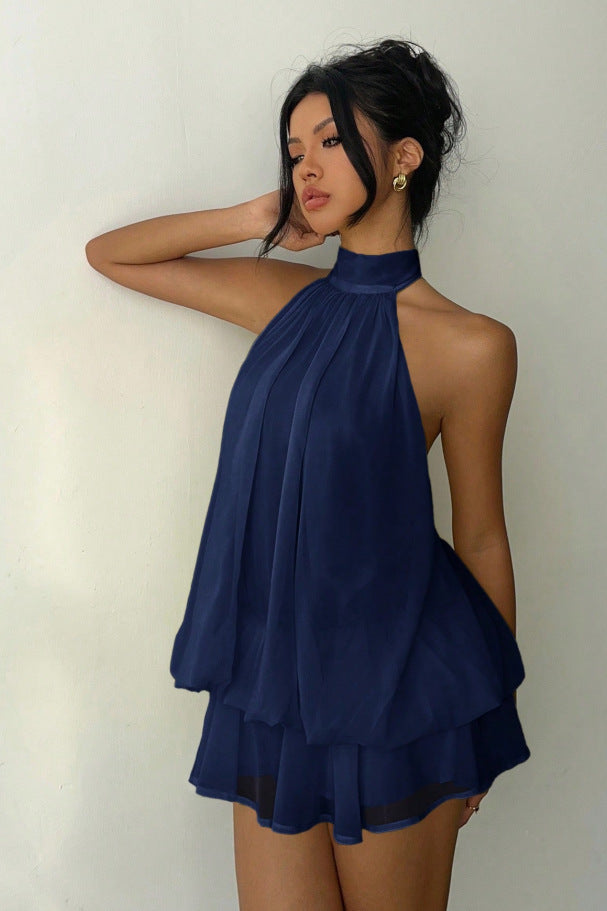 Women's Chiffon Mini Dress Halter Neck Tiered Ruffle Sleeveless Beach Casual