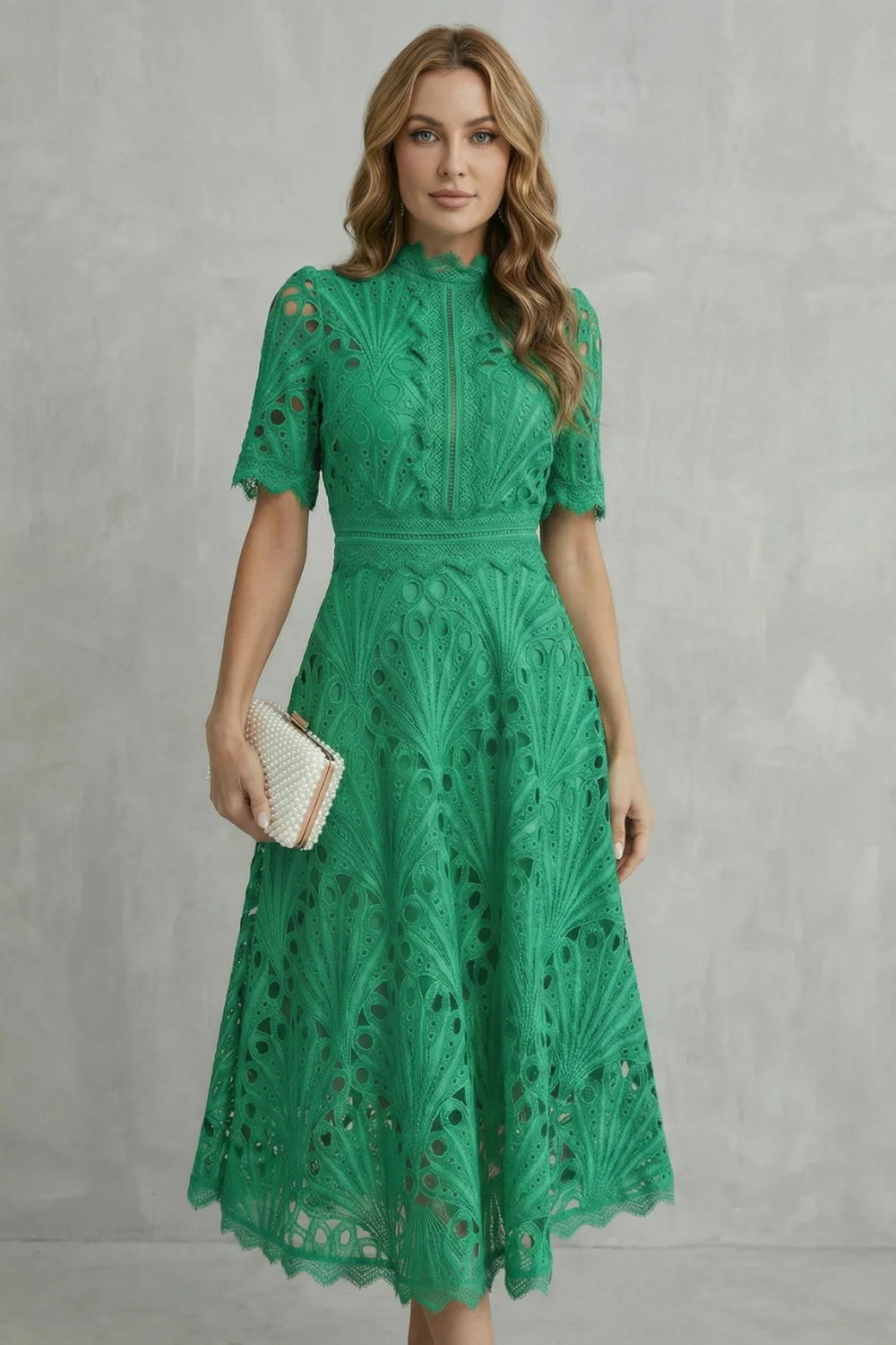 Women's Lace Midi Dress High Neck Short Sleeve Eyelet A-Line Cocktail Party