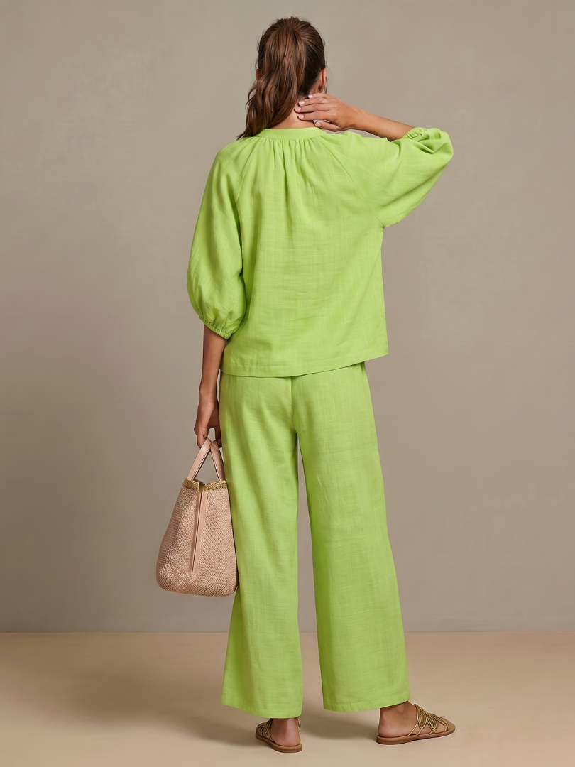 Women's Zip Front Blouson Top Wide Leg Pants Set Light Blue 3/4 Sleeve Casual