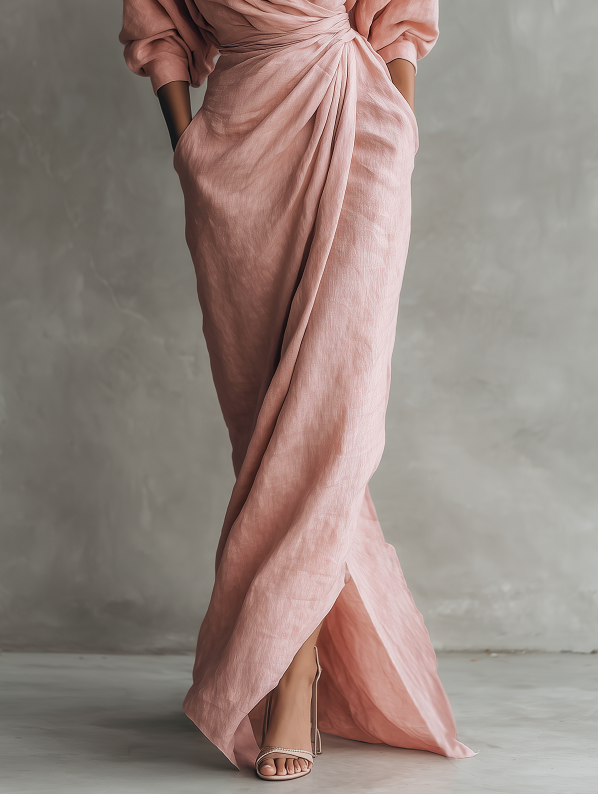 Women's Linen Wrap Maxi Dress V-Neck Long Sleeve High Slit Draped