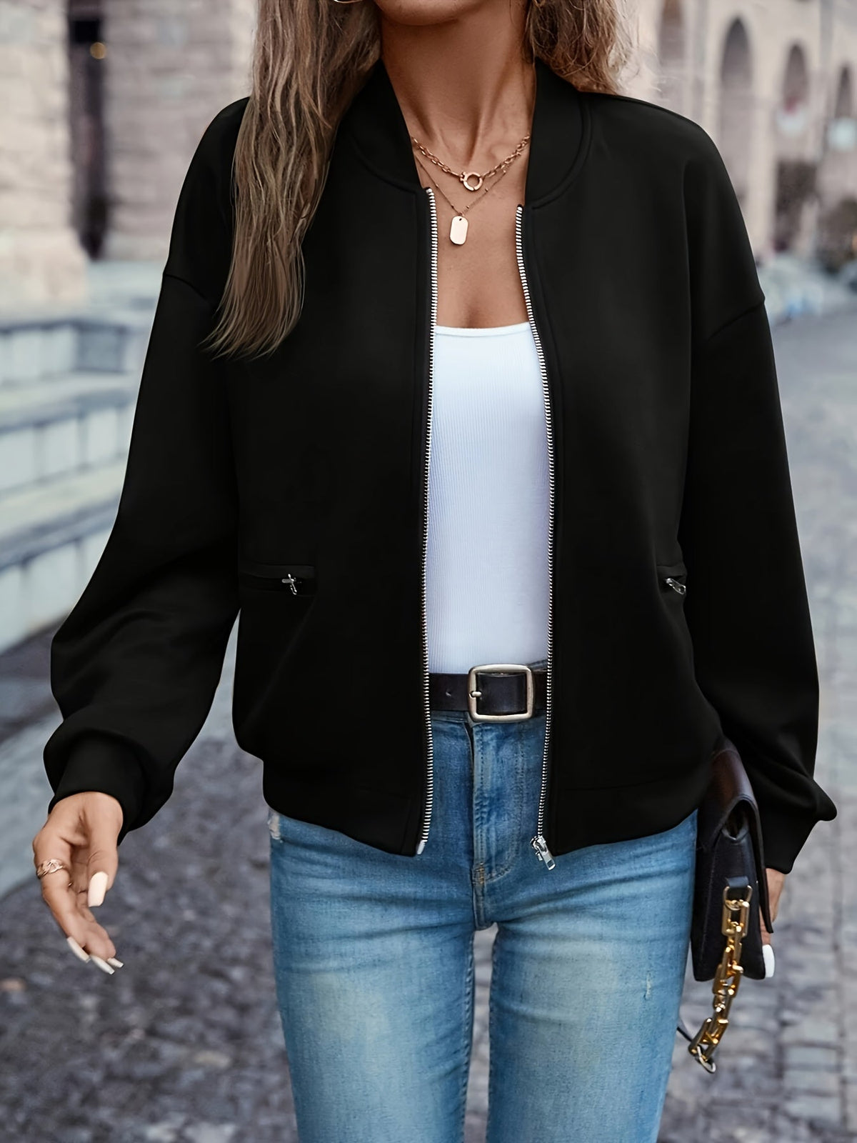 Women's Bomber Jacket Solid Black Zip-Up Stand Collar Long Sleeve Pocket Casual Outerwear