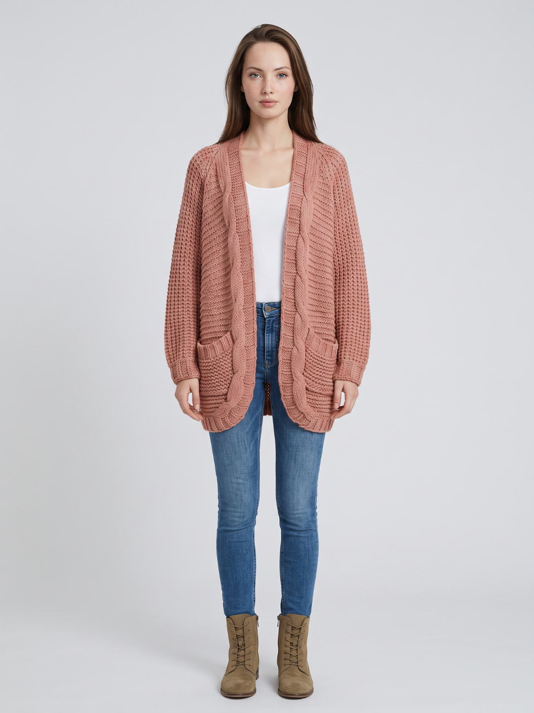 Women's Open-Front Knit Cardigan Chunky Cable Boho Long Sleeve with Pockets