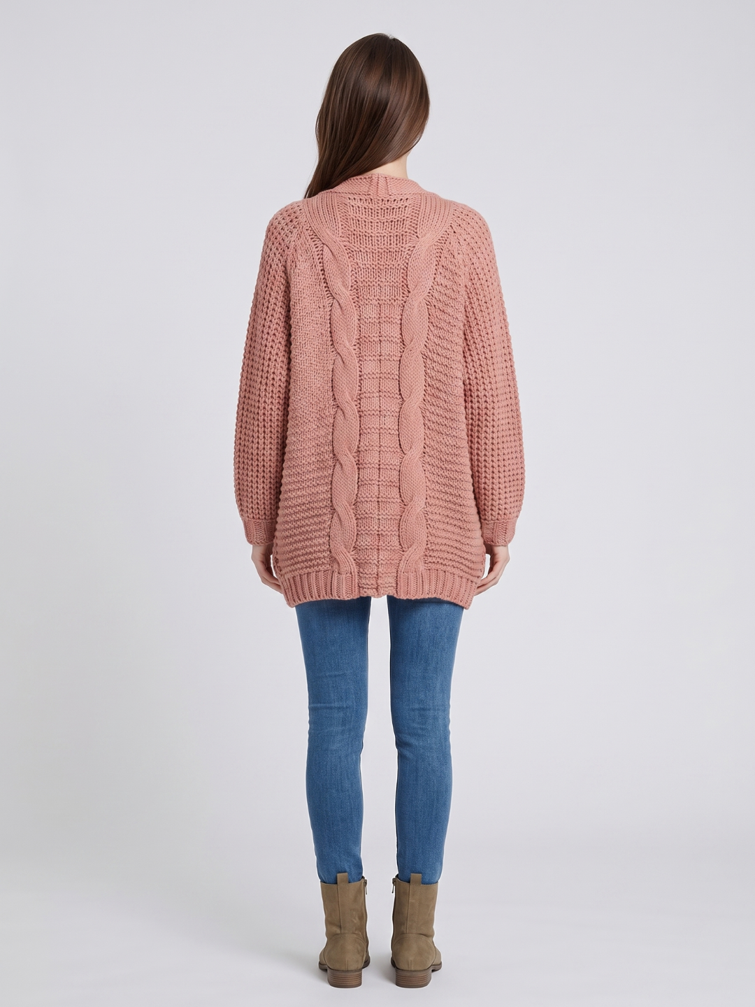 Women's Open-Front Knit Cardigan Chunky Cable Boho Long Sleeve with Pockets