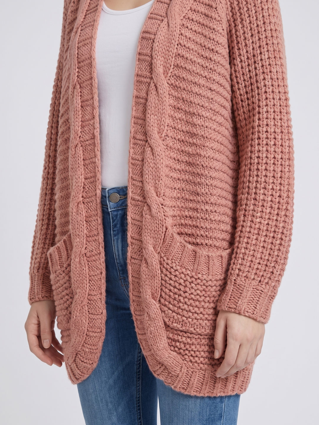 Women's Open-Front Knit Cardigan Chunky Cable Boho Long Sleeve with Pockets