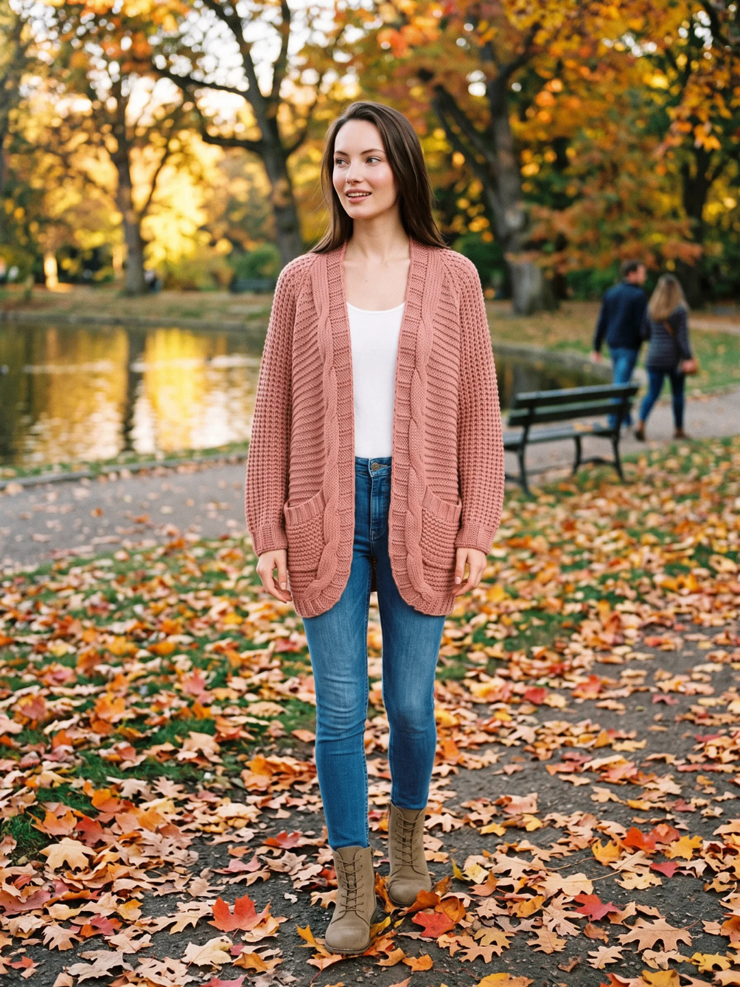 Women's Open-Front Knit Cardigan Chunky Cable Boho Long Sleeve with Pockets