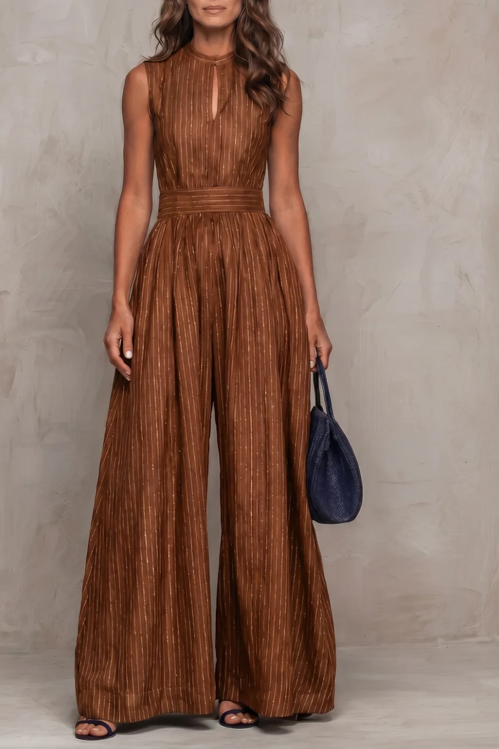 Women's Wide Leg Jumpsuit Sleeveless Keyhole Neck Striped Pinstripe