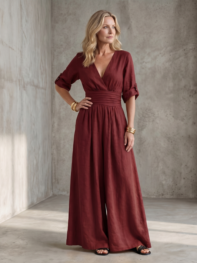 Women's Cross Front Wide Leg Jumpsuit V-Neck Rolled Sleeve Belted Casual