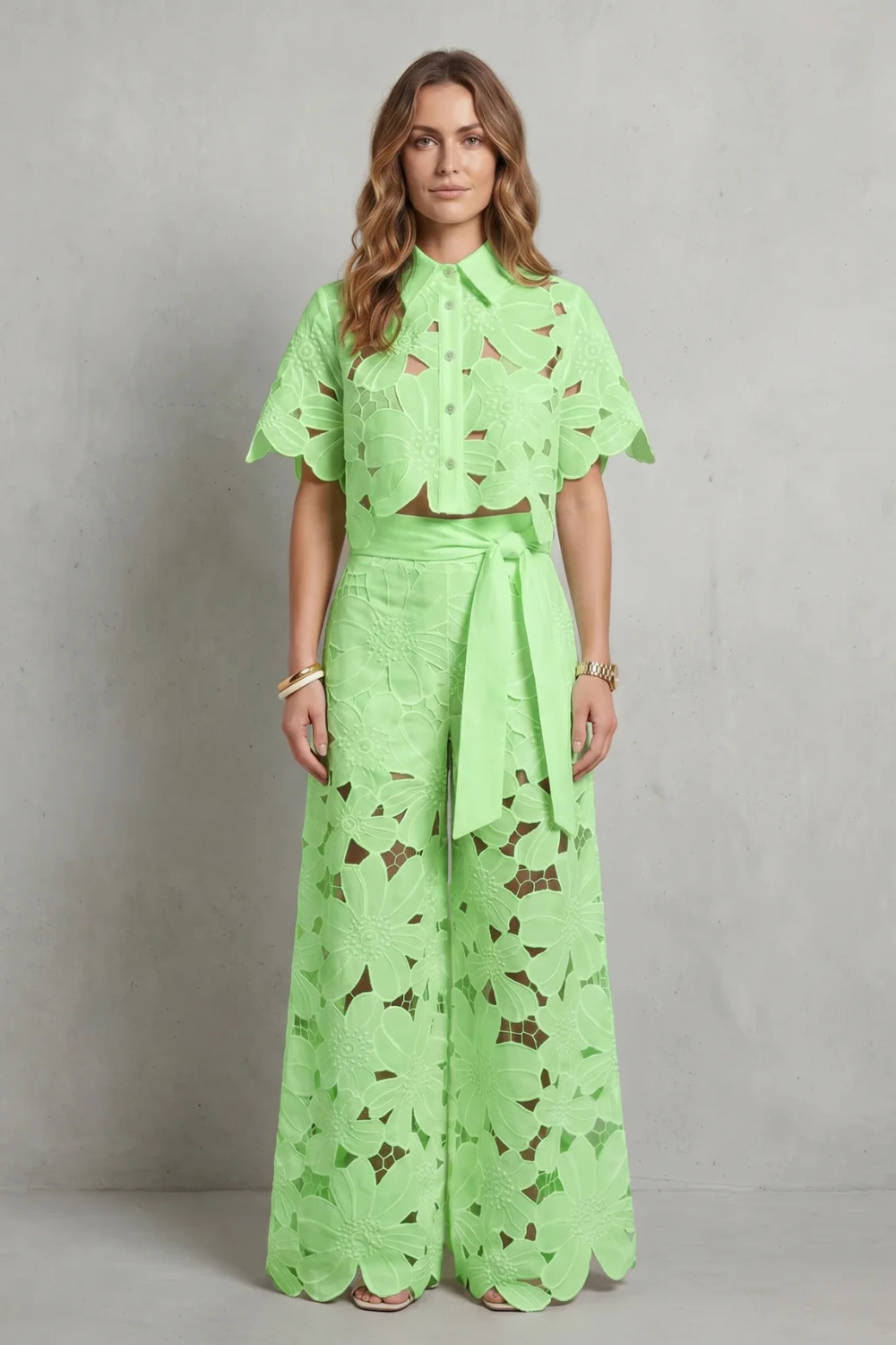 Women's Floral Lace Cutout Crop Top & Wide Leg Pants Set Short Sleeve White
