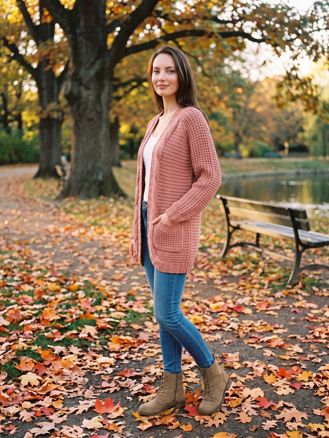 Women's Open-Front Knit Cardigan Chunky Cable Boho Long Sleeve with Pockets