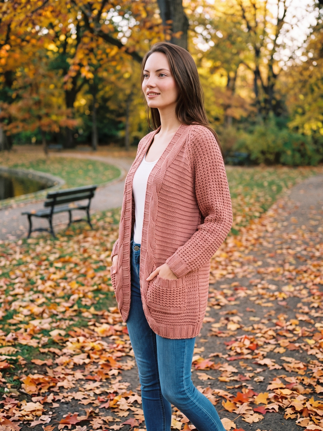 Women's Open-Front Knit Cardigan Chunky Cable Boho Long Sleeve with Pockets
