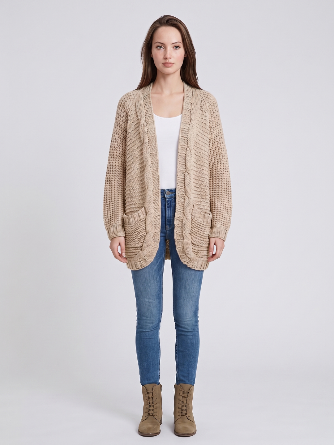 Women's Open-Front Knit Cardigan Chunky Cable Boho Long Sleeve with Pockets