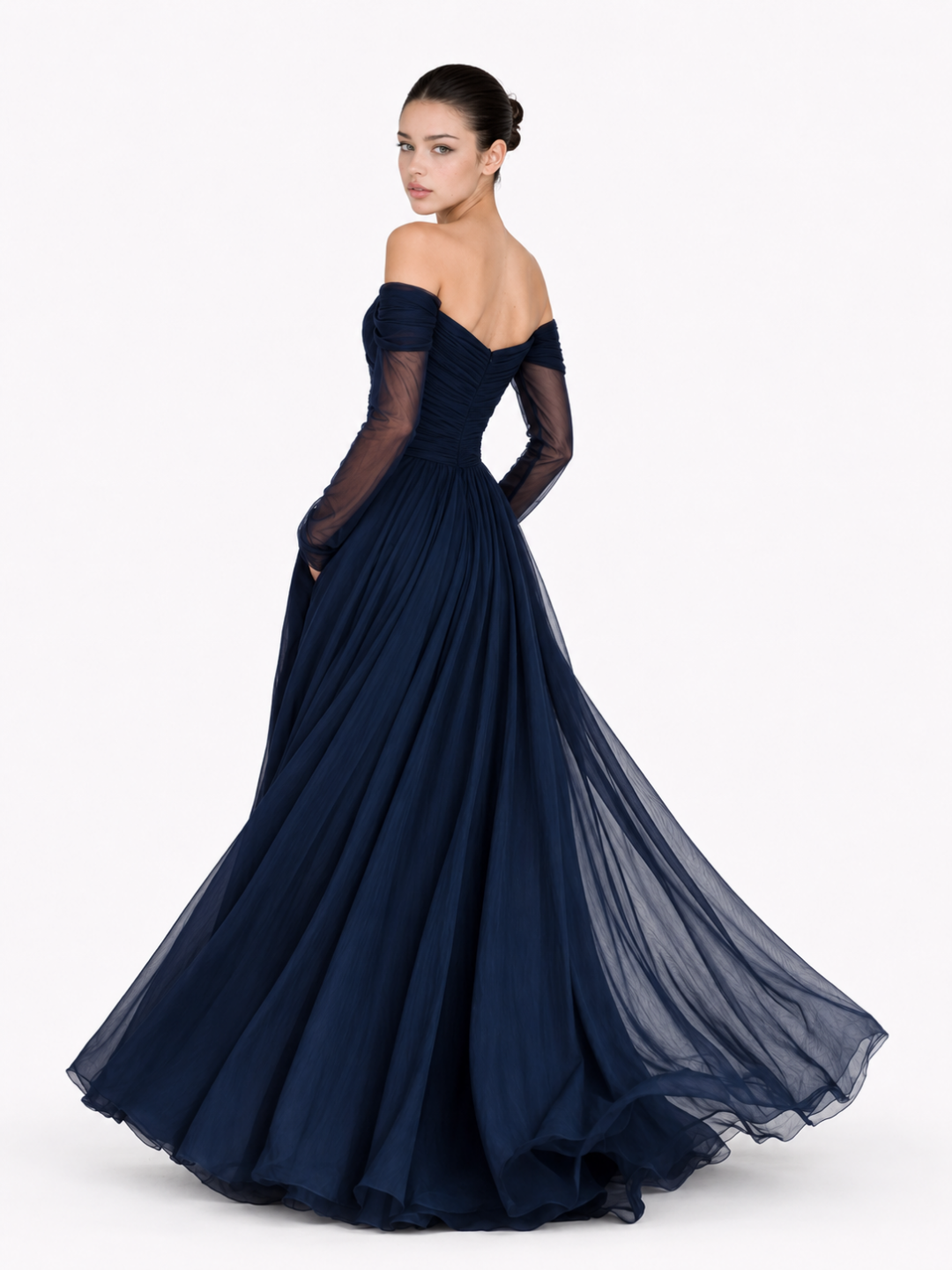 Women's Off-Shoulder Chiffon Maxi Dress Long Sleeve Sweetheart Neck Evening Gown