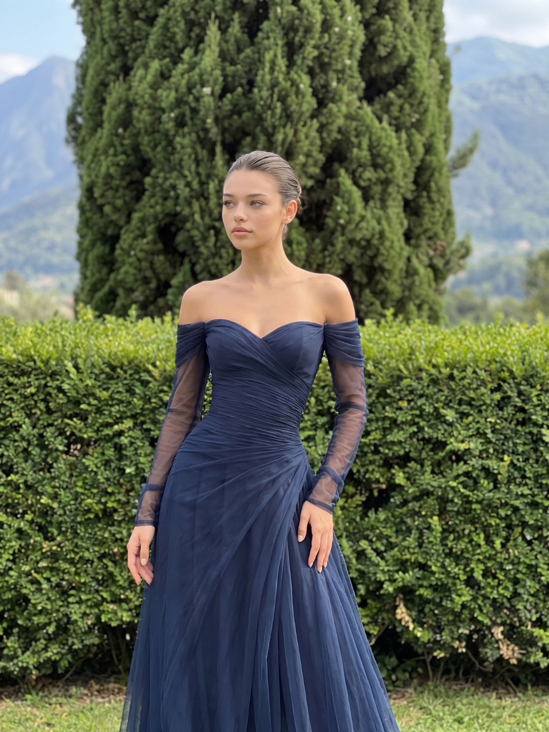 Women's Off-Shoulder Chiffon Maxi Dress Long Sleeve Sweetheart Neck Evening Gown