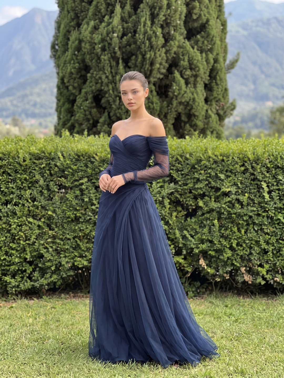 Women's Off-Shoulder Chiffon Maxi Dress Long Sleeve Sweetheart Neck Evening Gown