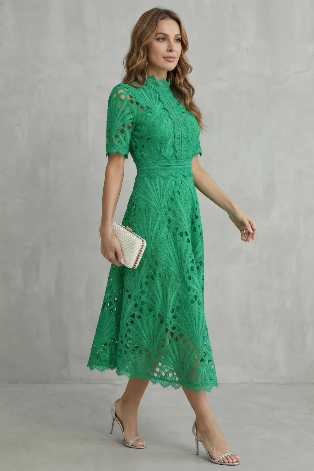 Women's Lace Midi Dress High Neck Short Sleeve Eyelet A-Line Cocktail Party