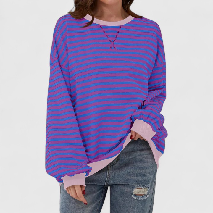 Women's Striped Oversized Crewneck Pullover Sweater Long Sleeve Casual Top
