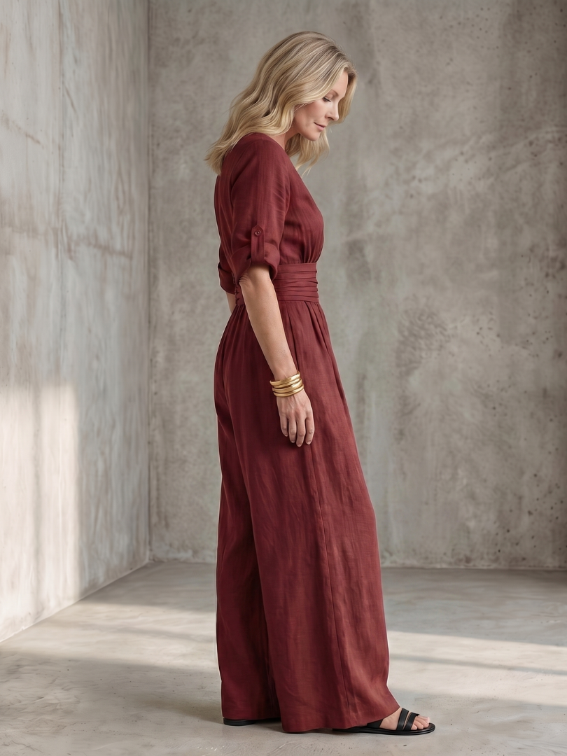 Women's Cross Front Wide Leg Jumpsuit V-Neck Rolled Sleeve Belted Casual