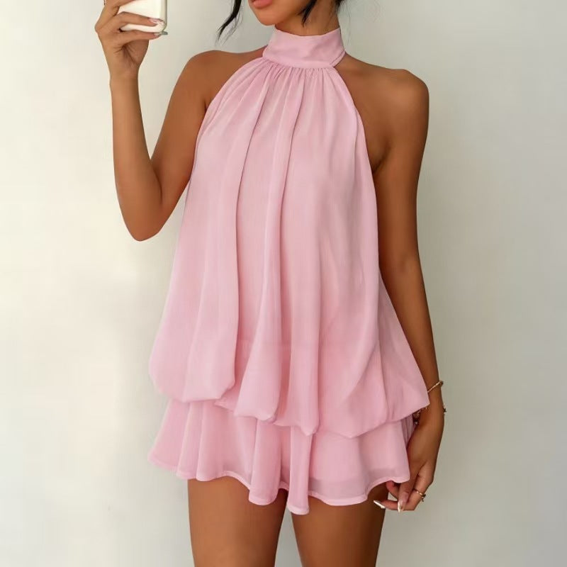 Women's Chiffon Mini Dress Halter Neck Tiered Ruffle Sleeveless Beach Casual