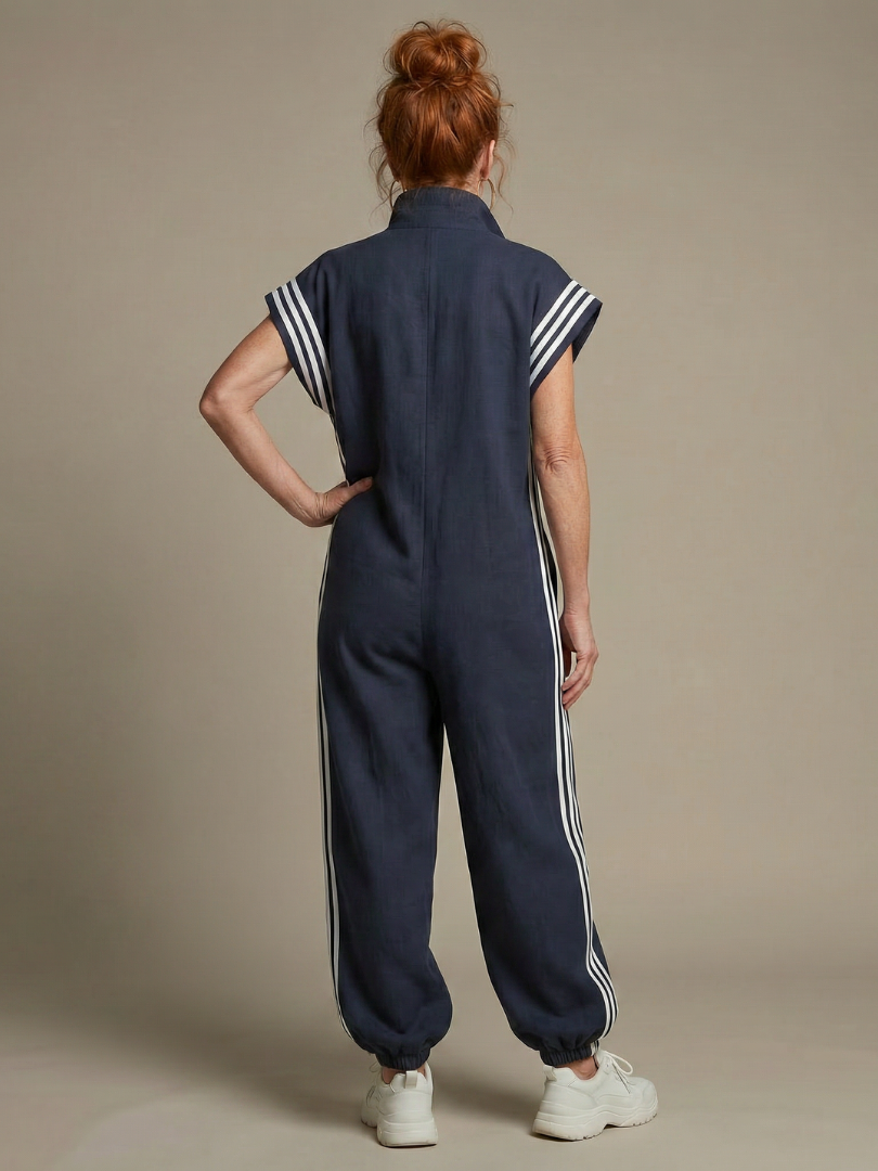 Women's Zip Front Jumpsuit Stripe Panel Sleeveless High Neck Casual
