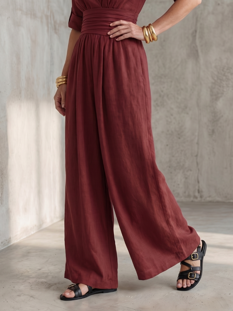Women's Cross Front Wide Leg Jumpsuit V-Neck Rolled Sleeve Belted Casual