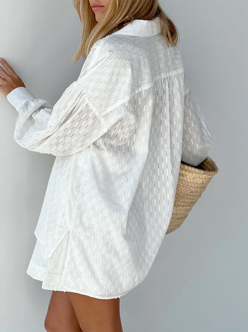 Women's Oversized Shirt Short Set Long Sleeve Button-Down Striped Casual Summer Outfit