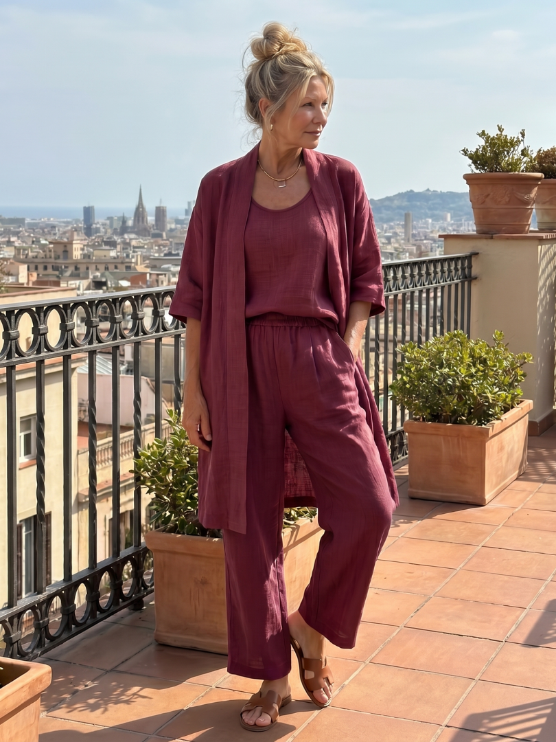 Women's 3 Piece Set Kimono Cardigan Tank Top Wide Leg Pants Casual