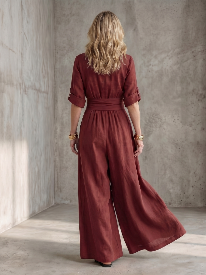 Women's Cross Front Wide Leg Jumpsuit V-Neck Rolled Sleeve Belted Casual