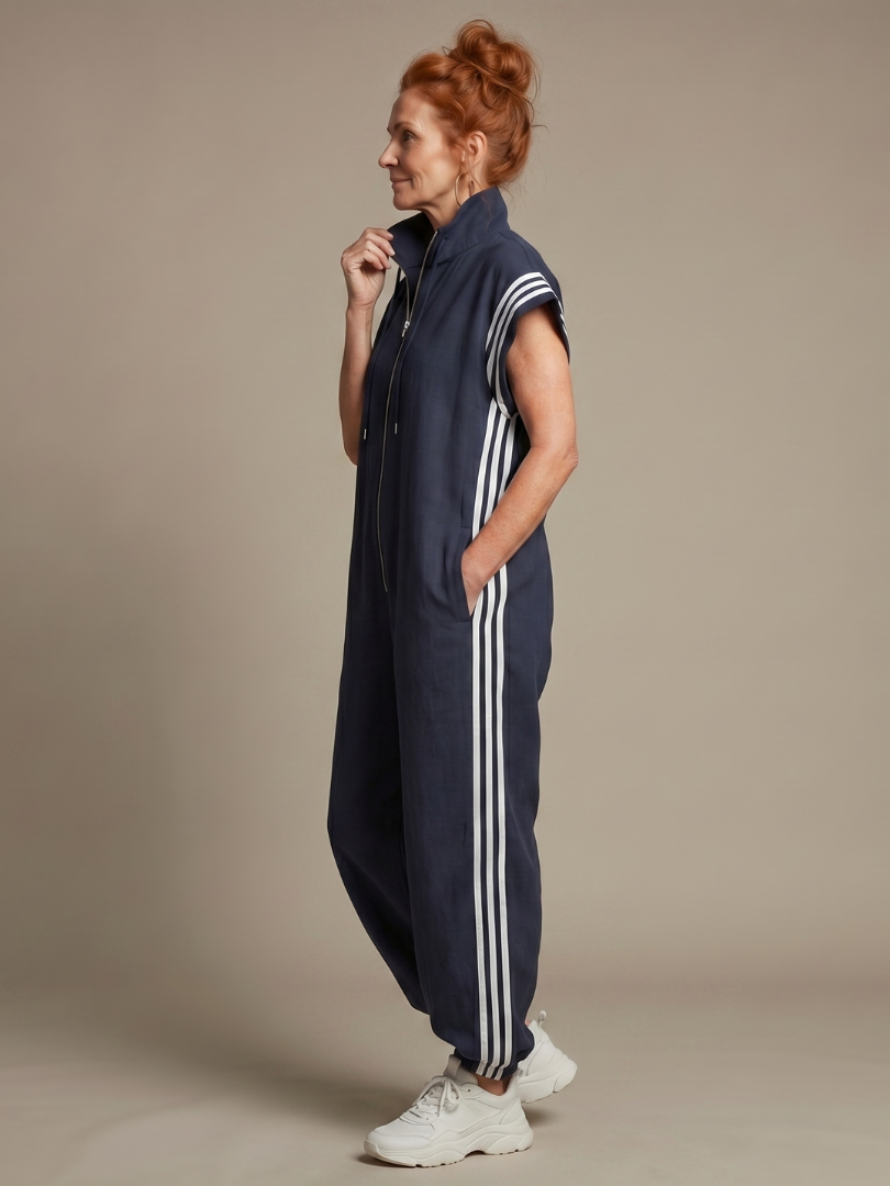 Women's Zip Front Jumpsuit Stripe Panel Sleeveless High Neck Casual