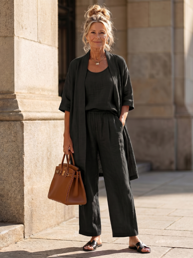 Women's 3 Piece Set Kimono Cardigan Tank Top Wide Leg Pants Casual