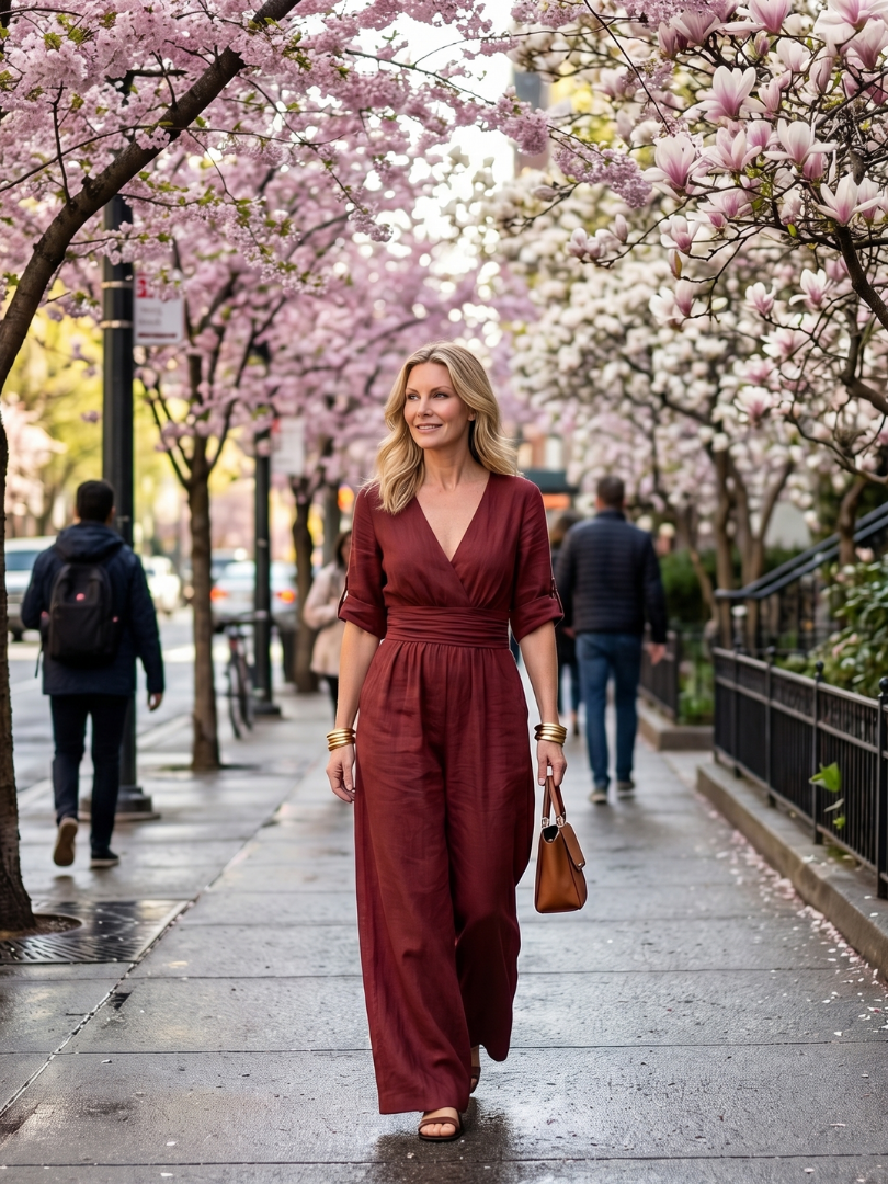 Women's Cross Front Wide Leg Jumpsuit V-Neck Rolled Sleeve Belted Casual