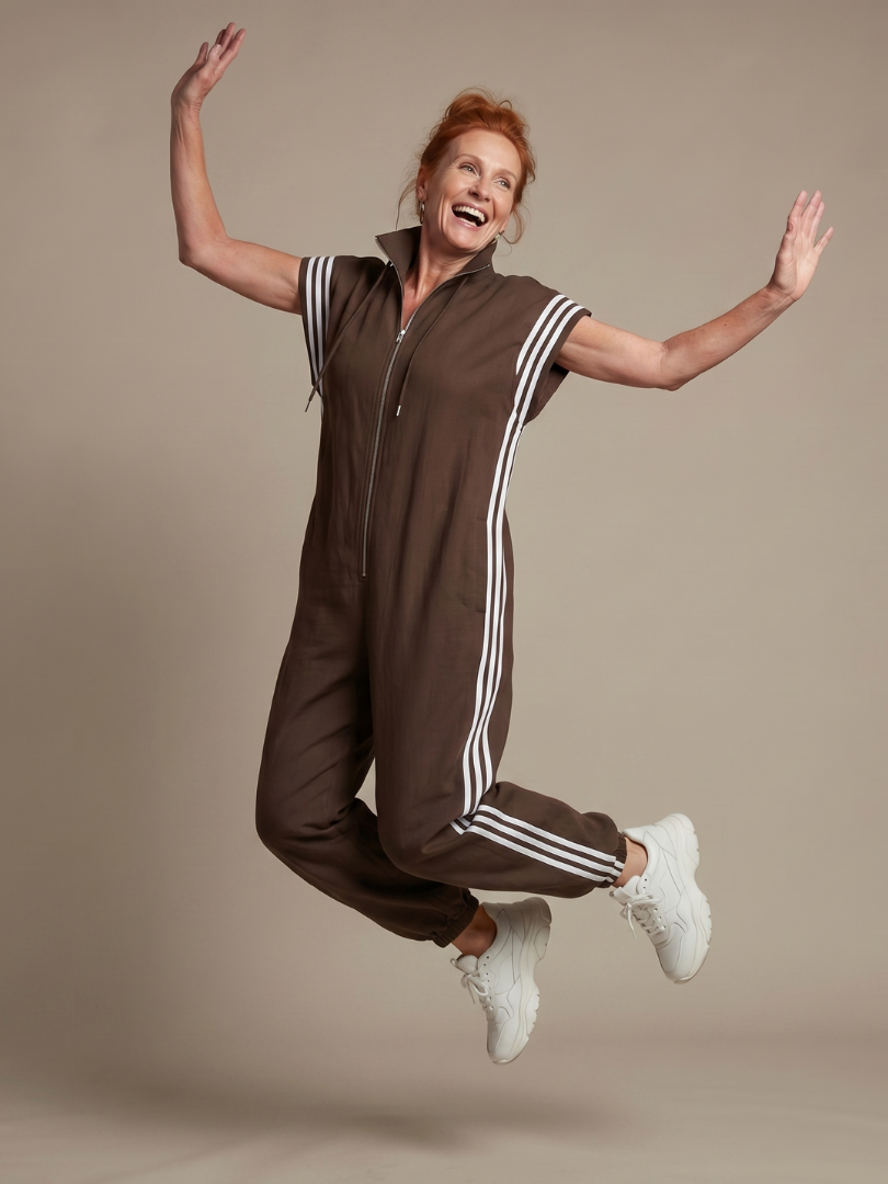 Women's Zip Front Jumpsuit Stripe Panel Sleeveless High Neck Casual