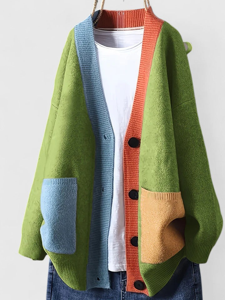 Women's Color Block Cardigan V-Neck Long Sleeve Button-Down Oversized Knit