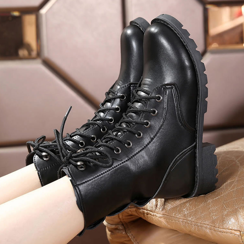 Women's Combat Boots Black Lace-Up Round Toe Mid-Calf Winter Casual