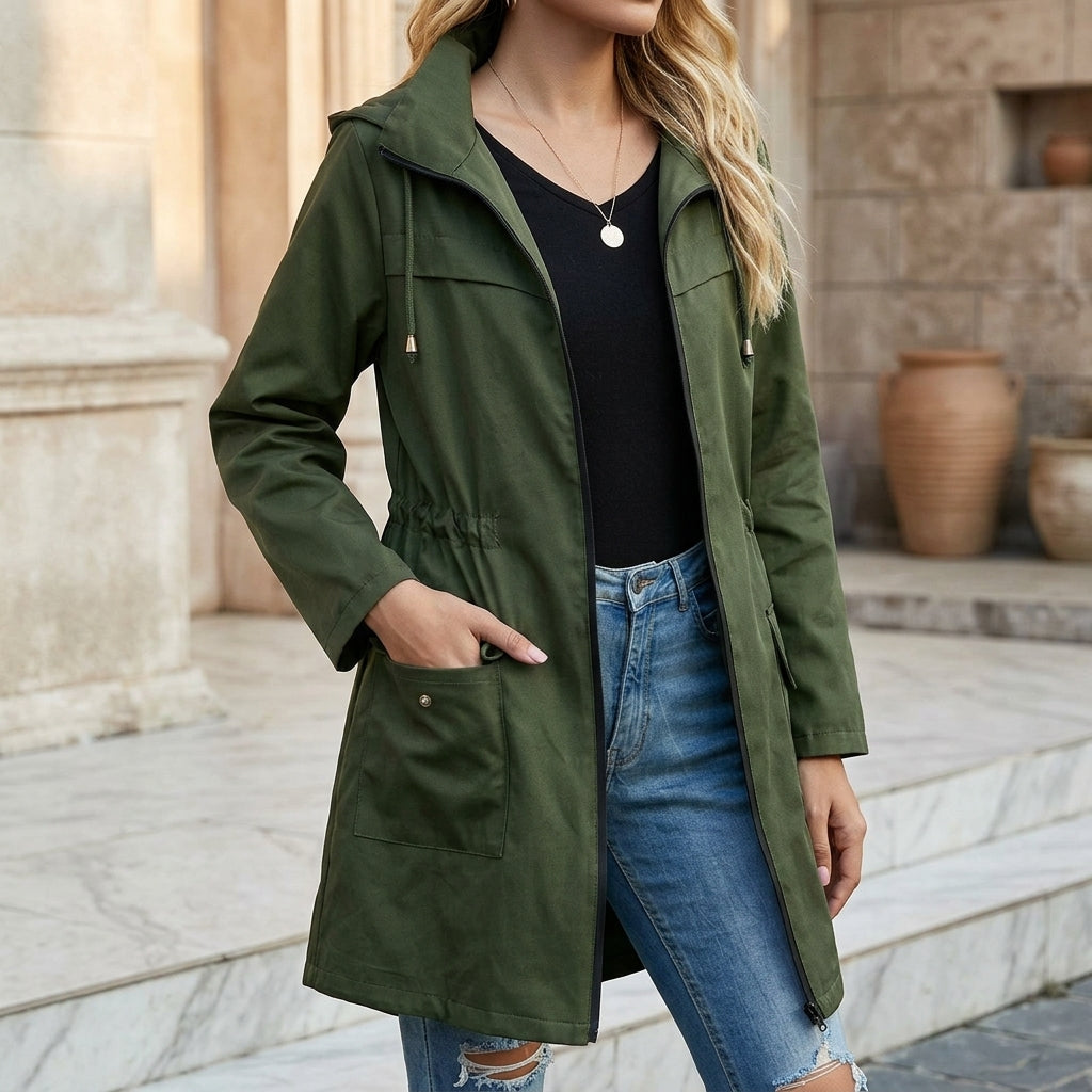 Women's Waterproof Hooded Rain Jacket Long Sleeve Zip Up Drawstring Trench Coat