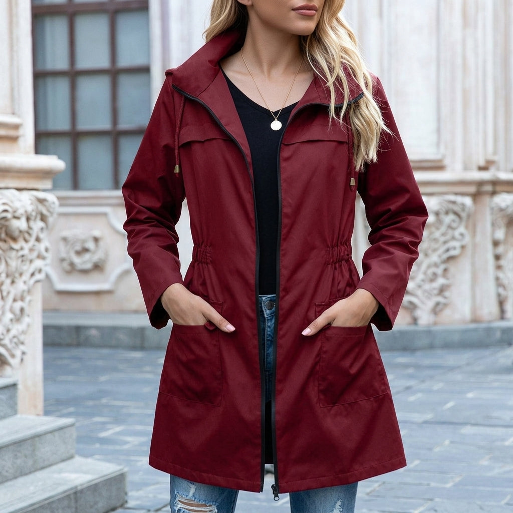 Women's Waterproof Hooded Rain Jacket Long Sleeve Zip Up Drawstring Trench Coat