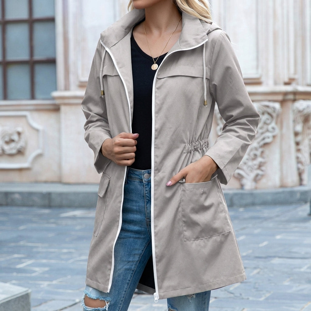Women's Waterproof Hooded Rain Jacket Long Sleeve Zip Up Drawstring Trench Coat
