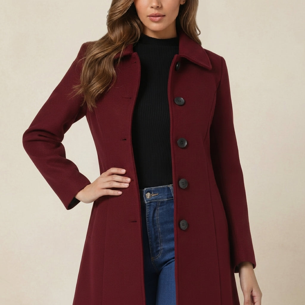 Women's Winter Trench Coat Collared Single-Breasted Button Mid-Length Coat