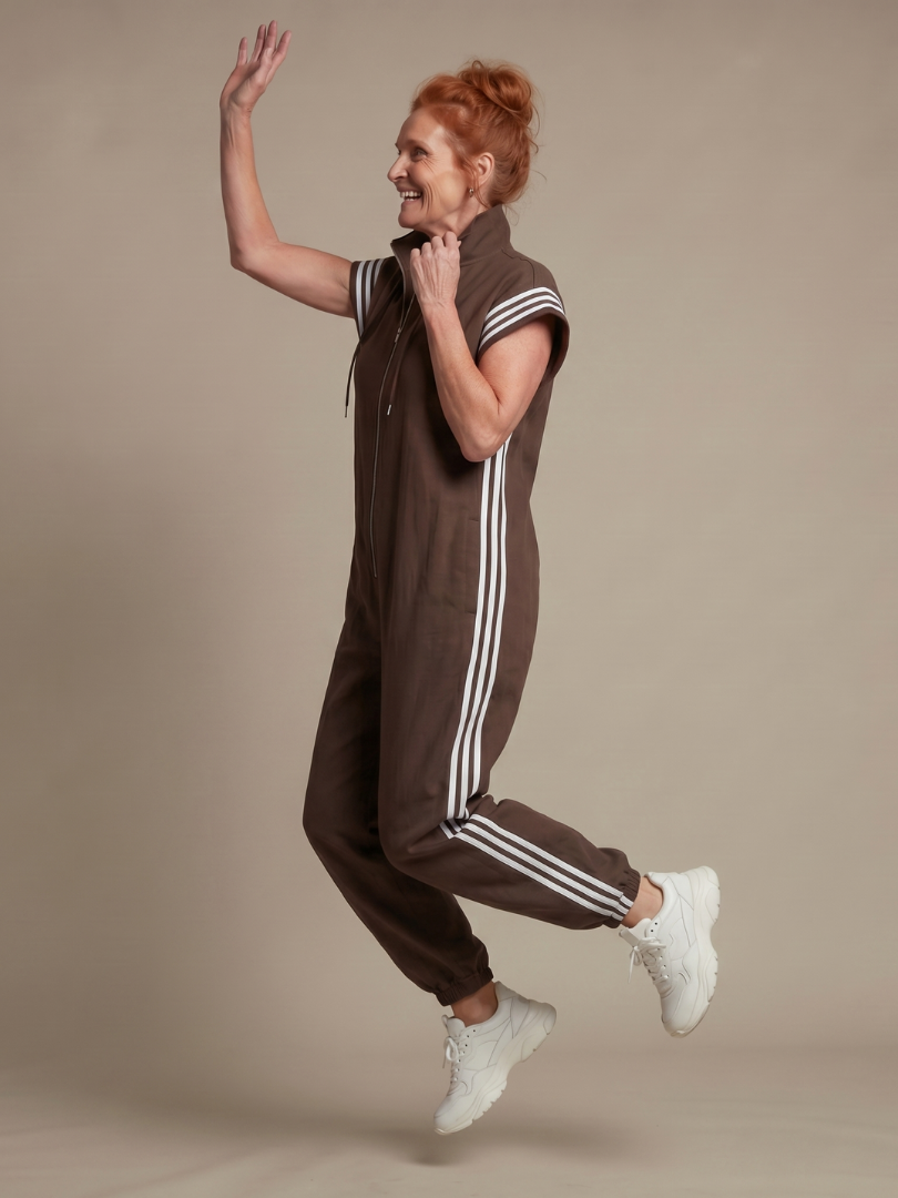 Women's Zip Front Jumpsuit Stripe Panel Sleeveless High Neck Casual